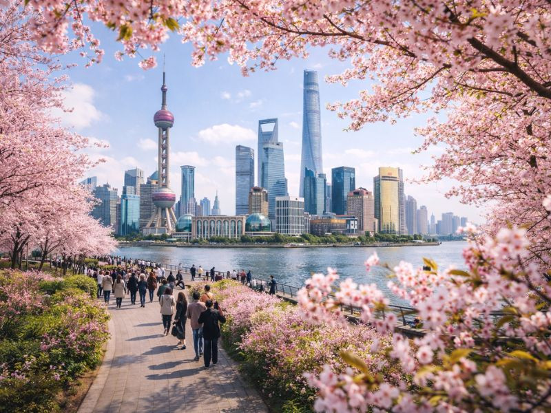 Tháng 3 là thời điểm du lịch Thượng Hải lý tưởng, khi hoa anh đào bắt đầu khoe sắc trong không khí xuân dịu nhẹ